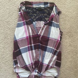 Tie front flannel sleeveless top